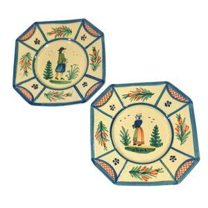 Antique Set 2 Henriot Quimper French Faience Solei  Octagon Dessert Salad Plates
